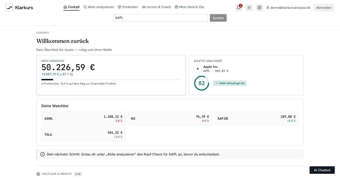 Klarkurs-Cockpit mit einem Beispiel-Depot: Gesamtvermögen 50.226,59 Euro, Gewinn 13.587,19 Euro, sechs Positionen, dazu die zuletzt analysierte Aktie mit Punktzahl 82 und die Watchlist.